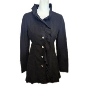 Stella Star, Black, Button Down, Ruffle, Pockets, Cotton, Trench Coat Jacket, M